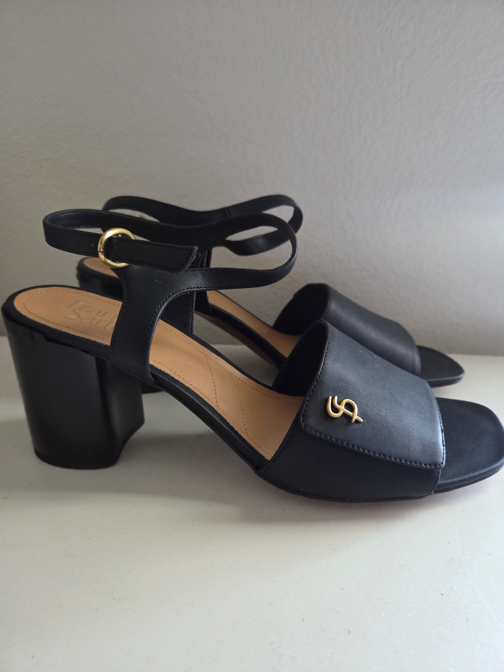 Franco Sarto Black Leather Block Heel Sandals with Gold Accent